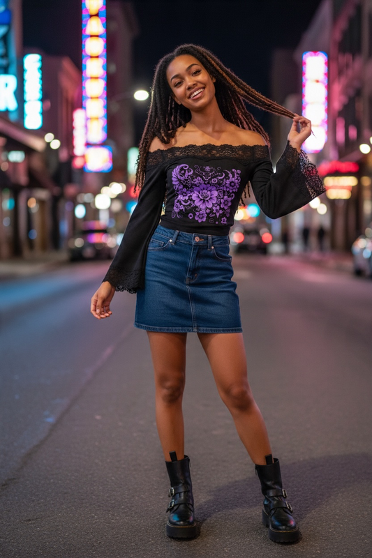 "Flowery Demons" Women's Off-the-Shoulder Lace Trim T-Shirt