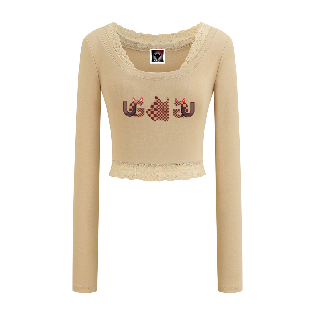 UG Brown Checkerboard Animal Women's Lace Trim Long Sleeve T-Shirt