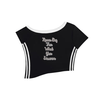 Women's Color Block Off-the-Shoulder T-Shirt "Never Beg for What You Deserve"