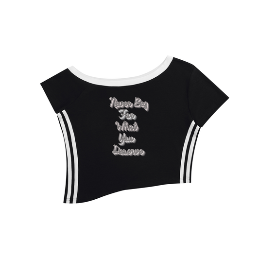 Women's Color Block Off-the-Shoulder T-Shirt "Never Beg for What You Deserve"
