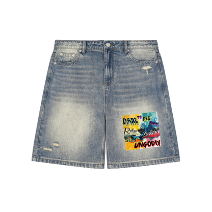 "Ungodly Apparel" Faded Distressed Baggy Denim Shorts