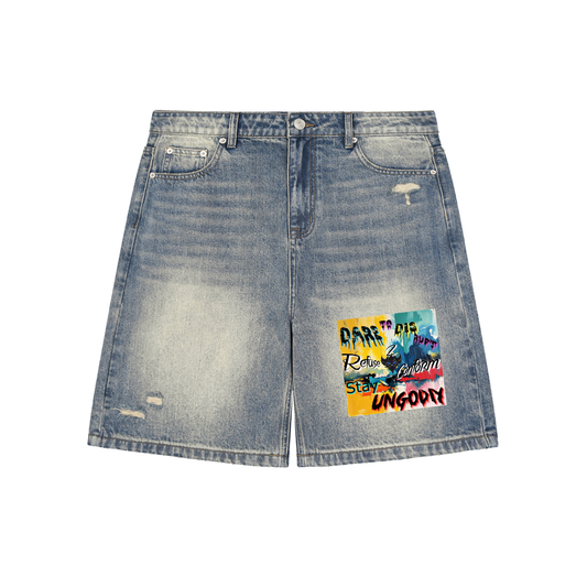 "Ungodly Apparel" Faded Distressed Baggy Denim Shorts