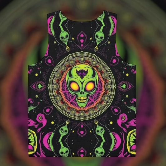 Alien Skull Psychedelic Tank Top — Neon Mandala Graphic Men’s Tank