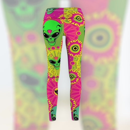 Psychedelic Alien Print Leggings — Colorful Neon Skull & Sun Pattern