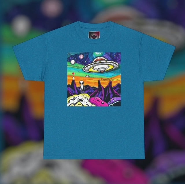 UFO Retro Alien Landscape T-Shirt — Colorful Space Art Tee