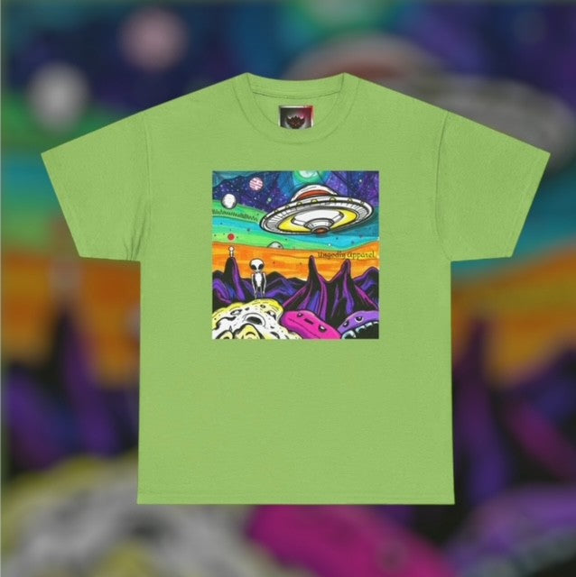 UFO Retro Alien Landscape T-Shirt — Colorful Space Art Tee