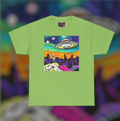 UFO Retro Alien Landscape T-Shirt — Colorful Space Art Tee