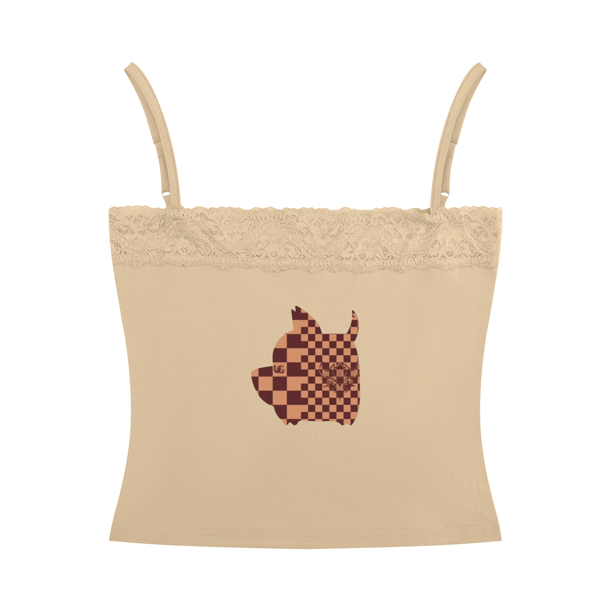 "UG Apparel Brown Checkerboard Dog" Women's Lace Trim Cami Tank Top