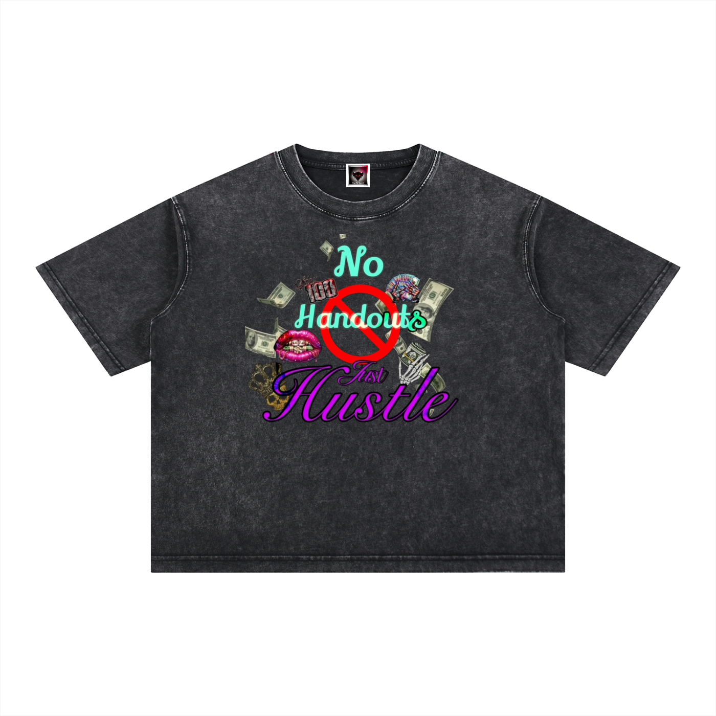 "No Handouts, Just Hustle" Mineral Wash Boxy Cotton T-Shirt