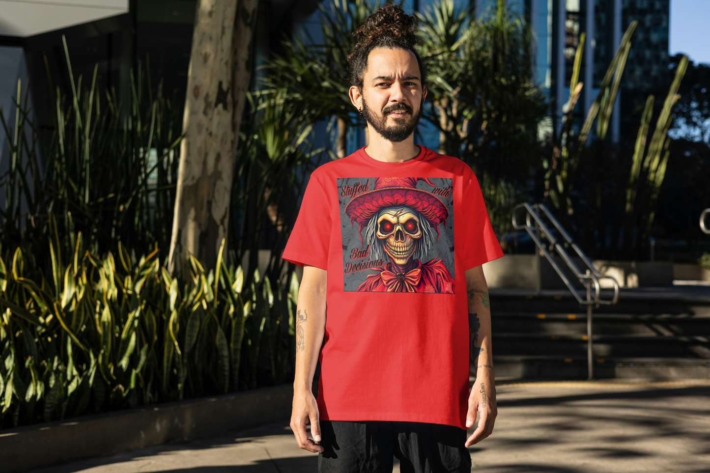 "Stuffed with Bad Decisions" Vintage-Inspired Scarecrow Skull Tee: Perfect for Halloween, Casual Wear, Gifts, Concerts, & Everyday Style