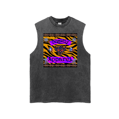 Snow Washed Frayed "Ungodly Tiger" Hem Tank Top