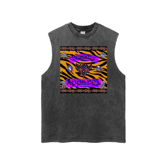 Snow Washed Frayed "Ungodly Tiger" Hem Tank Top