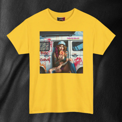 "Free Candy" Street Art Unisex Heavy Cotton Tee, Casual Graphic Shirt, Vintage Style Tee, Unique Gift, Urban Wear, Art Lover Apparel