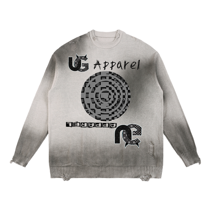 UG Apparel Grey Spiral Checkerboard Sun Fade Distressed Ripped Crewneck sweater
