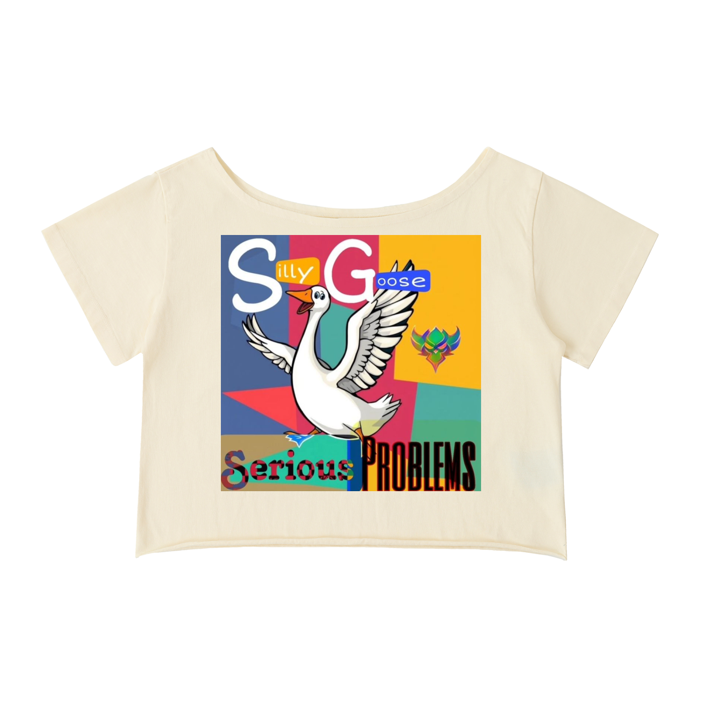 "Silly Goose, Serious Problems" Off-Shoulder Rolled Hem Cotton T-Shirt