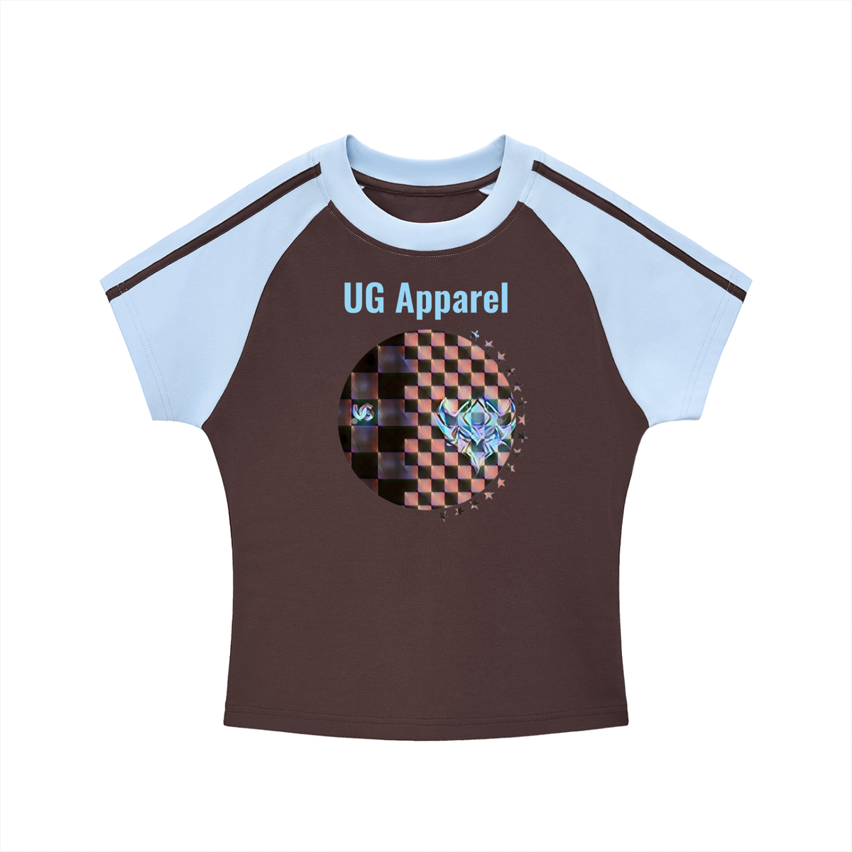 "Blue/Brown UG Apparel Checkerboard" Contrast Stripes Bodycon Raglan  Sleeve T-Shirt