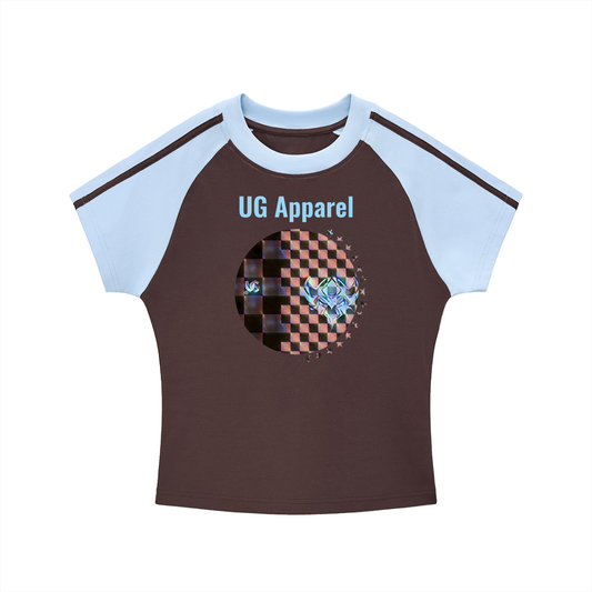 "Blue/Brown UG Apparel Checkerboard" Contrast Stripes Bodycon Raglan  Sleeve T-Shirt