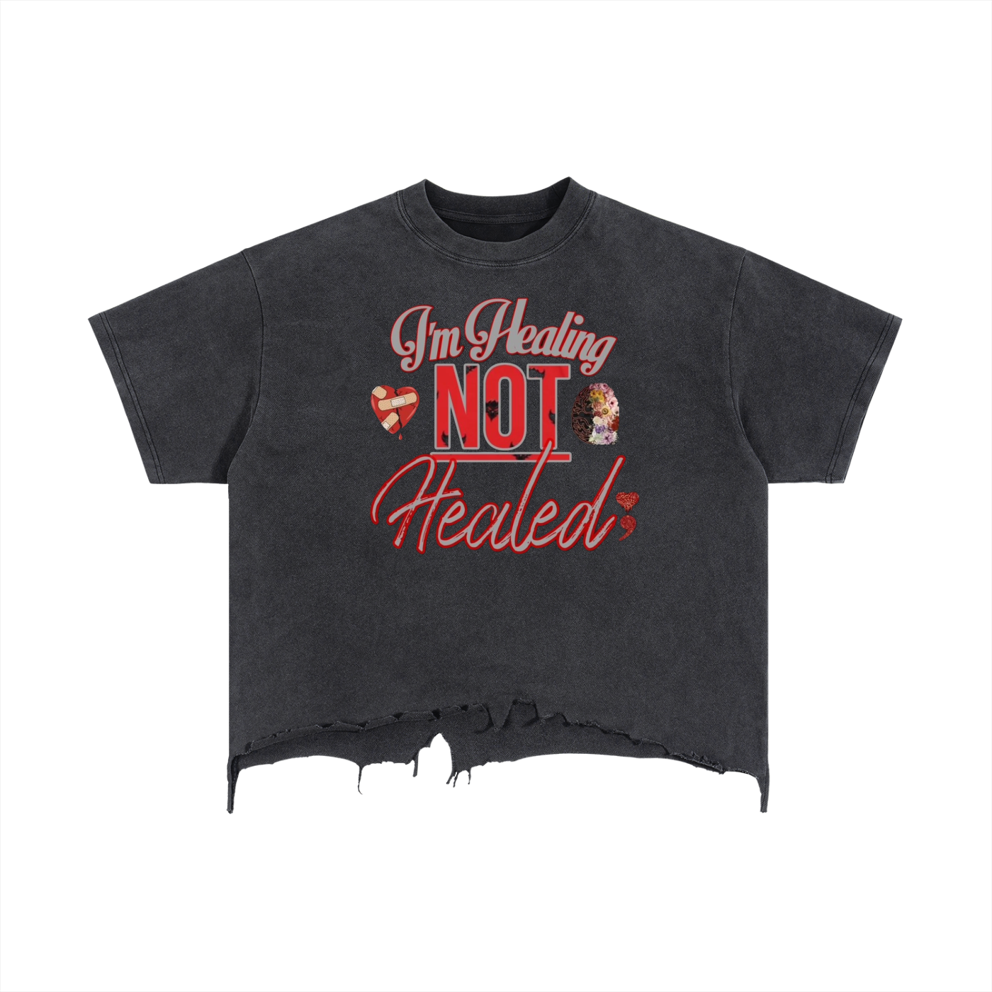 "I'm Healing Not Healed" Vintage Wash Boxy Distressed Hem T-Shirt