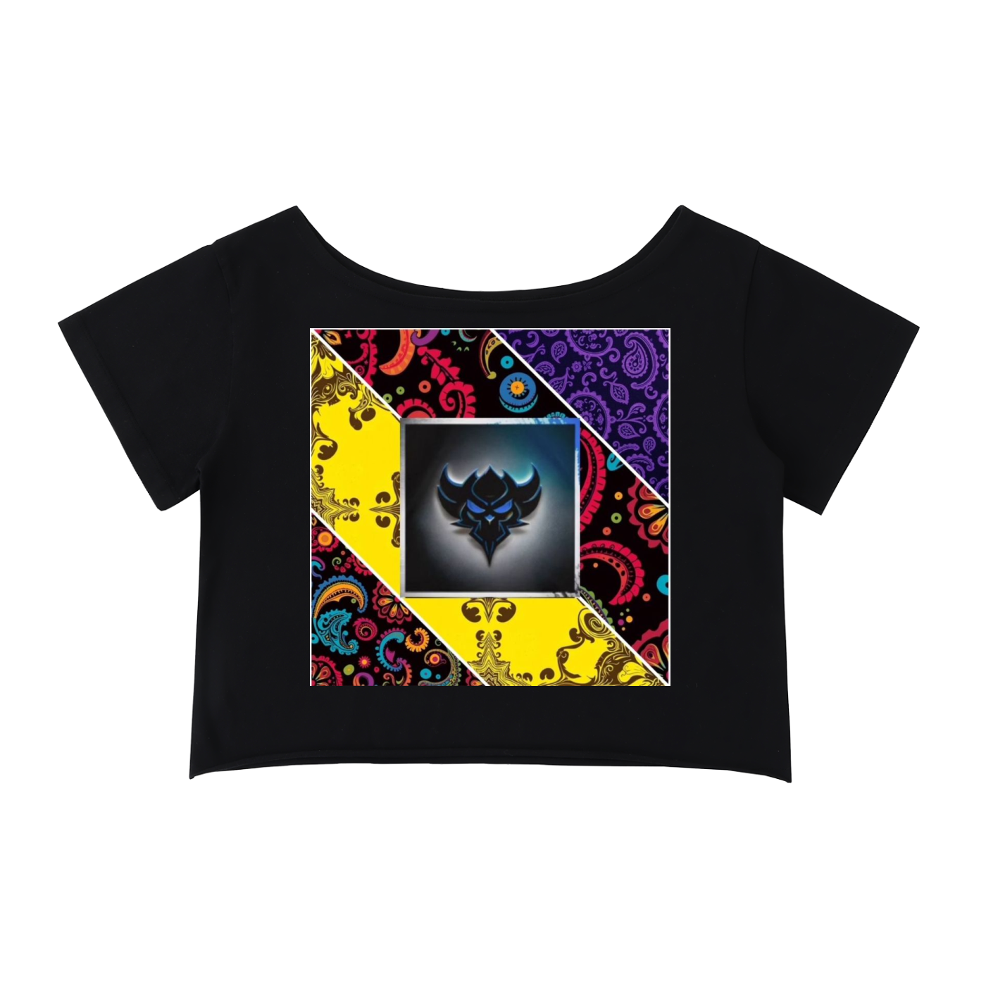 "Bandana Patchwork with Ungodly Apparel Logo" Off-Shoulder Rolled Hem Cotton T-Shirt