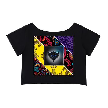 "Bandana Patchwork with Ungodly Apparel Logo" Off-Shoulder Rolled Hem Cotton T-Shirt
