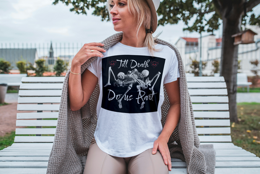 "Till Death Do Us Part" Skeleton Dance Graphic Tee, Funny Halloween Shirt, Gift Idea for Her, Spooky Season Fashion, Horror Enthusiast Tee