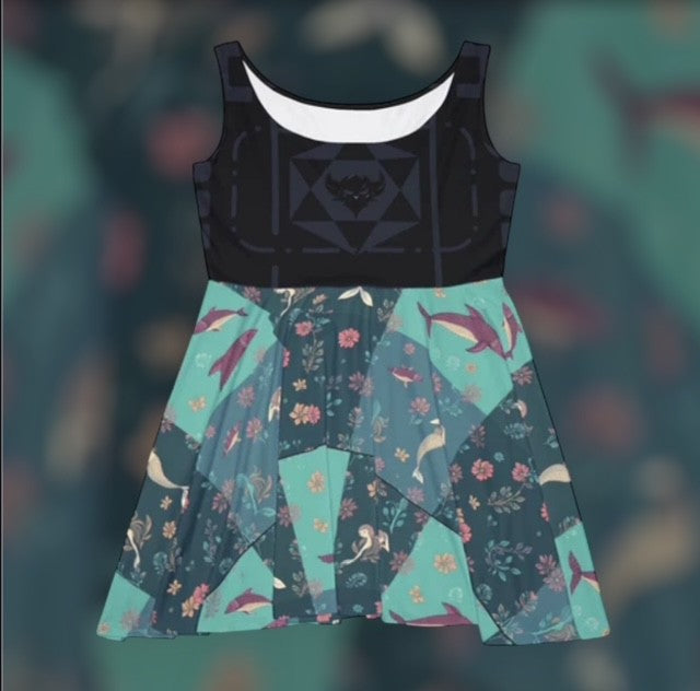 Mermaid & Sea Bird Floral Skater Dress — Teal Patchwork
