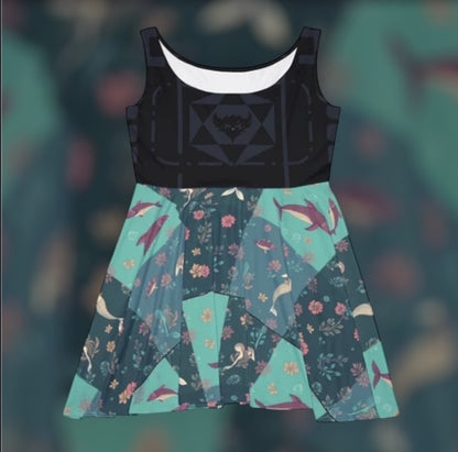 Mermaid & Sea Bird Floral Skater Dress — Teal Patchwork
