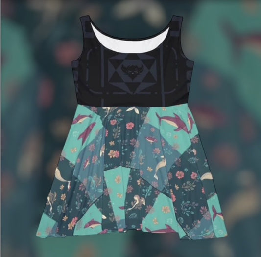 Mermaid & Sea Bird Floral Skater Dress — Teal Patchwork