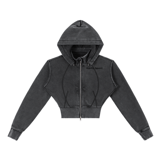 "Ungodly Apparel Slogan" Vintage Washed Cropped Fleece Hoodie