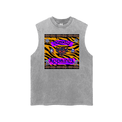 Snow Washed Frayed "Ungodly Tiger" Hem Tank Top