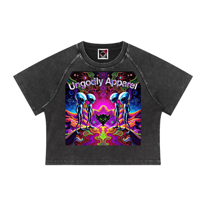 Women's "Alien" Mineral Wash Raglan Crop T-Shirt