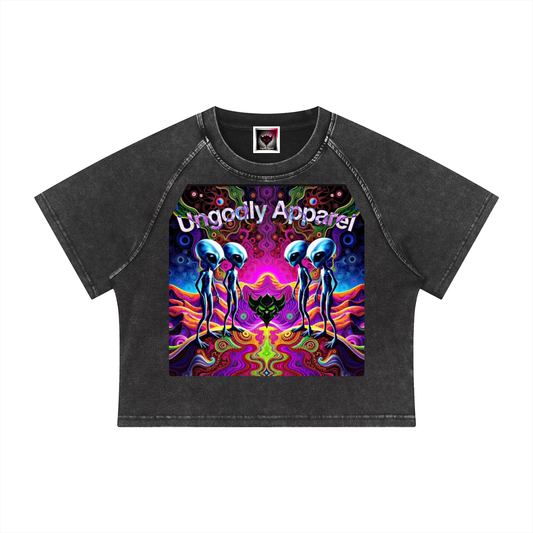 Women's "Alien" Mineral Wash Raglan Crop T-Shirt
