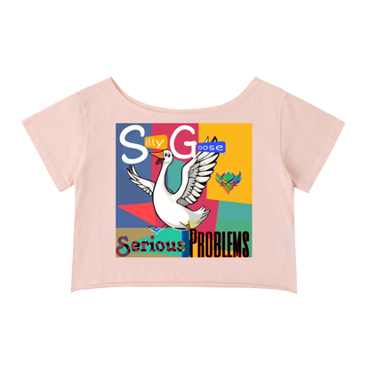 "Silly Goose, Serious Problems" Off-Shoulder Rolled Hem Cotton T-Shirt
