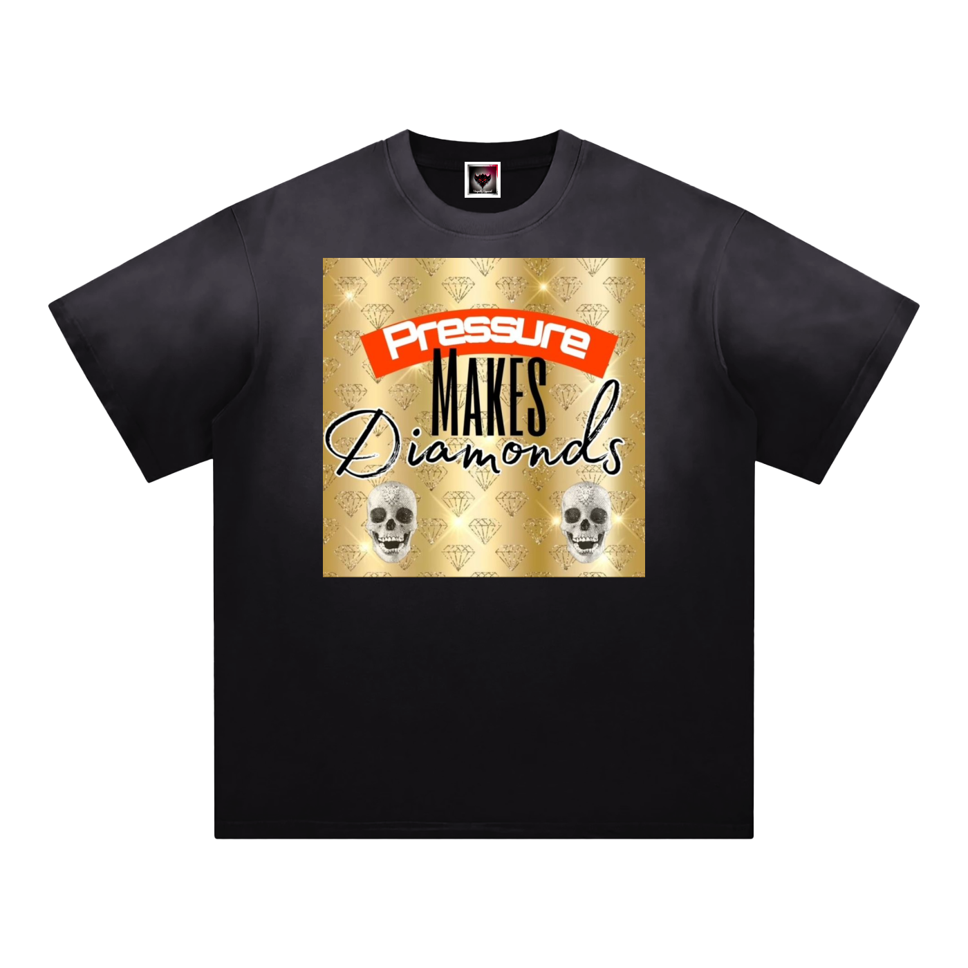 A black short-sleeve crewneck t-shirt featuring a square graphic print on the chest. The graphic has a textured gold background with a repeating diamond pattern, an orange-red banner reading 'Pressure' in white, and the words 'MAKES Diamonds' in black script and block lettering, flanked by two skull illustrations.