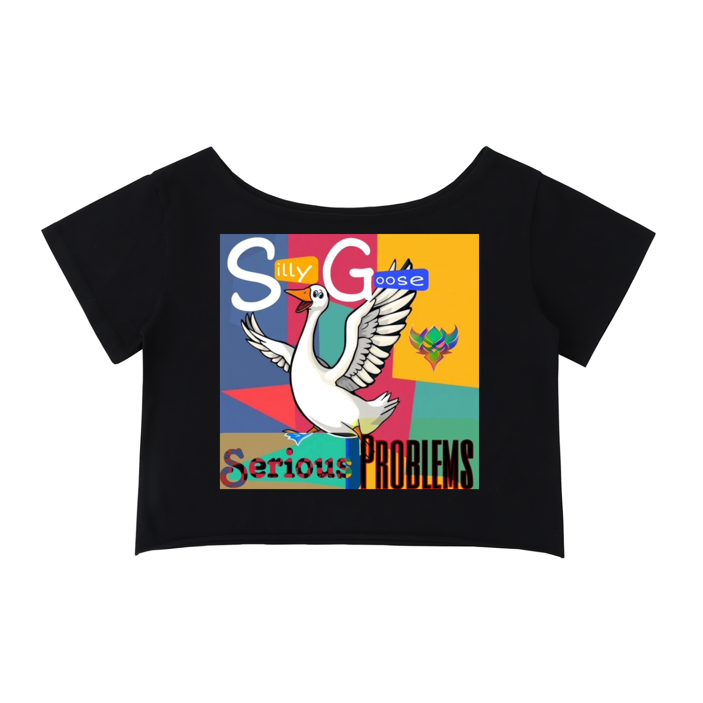 "Silly Goose, Serious Problems" Off-Shoulder Rolled Hem Cotton T-Shirt