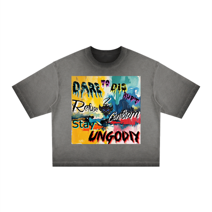 Unisex "Ungodly Apparel Slogan"  Reverse Dyed Boxy T-Shirt
