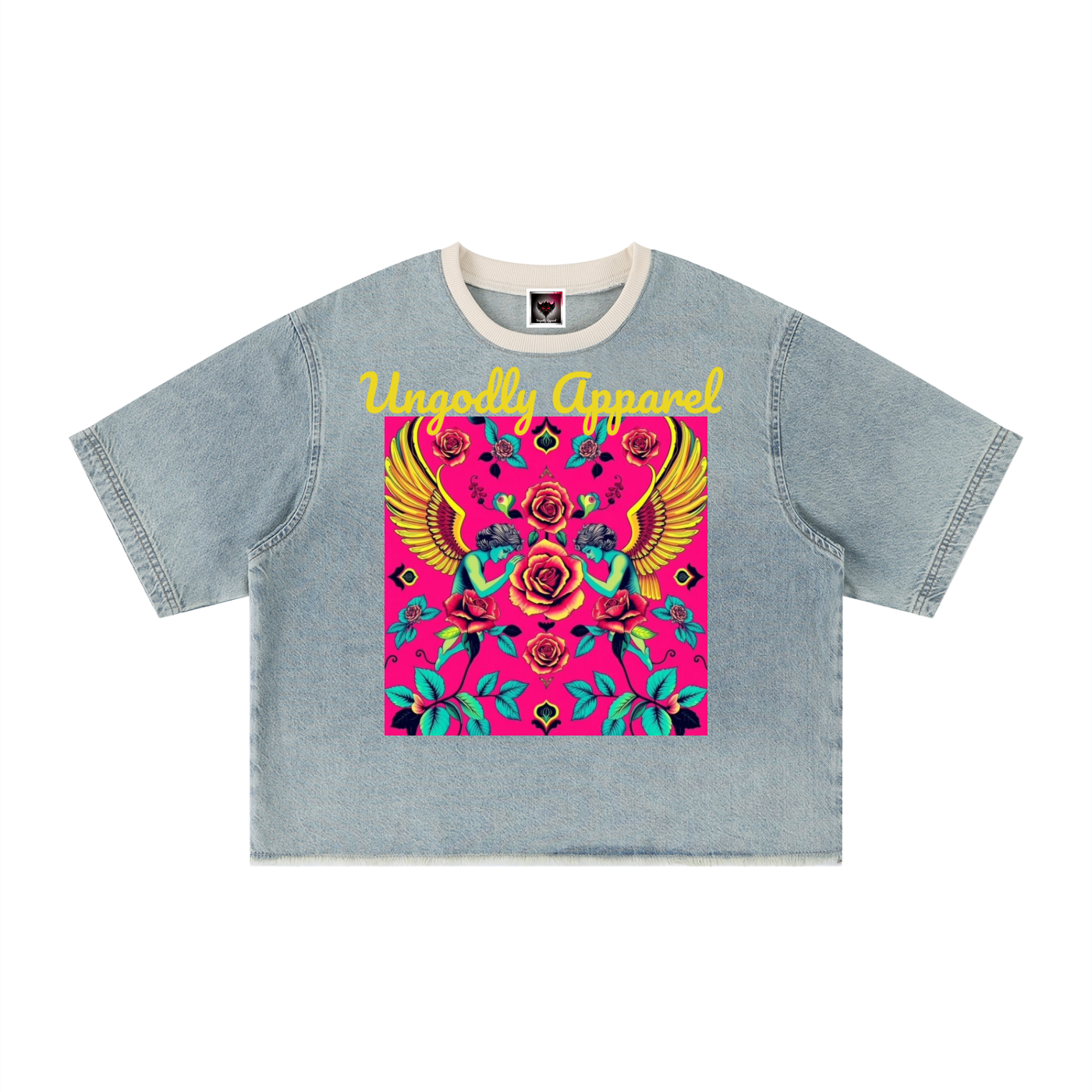 Angels Unisex Vintage Wash Boxy Raw Hem Denim T-Shirt