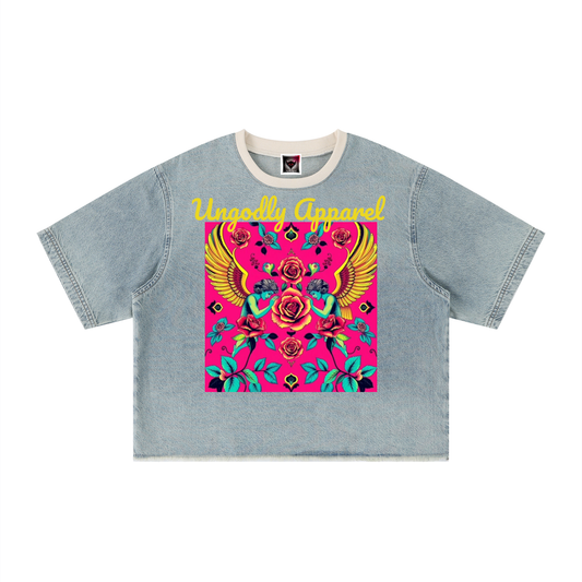 Angels Unisex Vintage Wash Boxy Raw Hem Denim T-Shirt