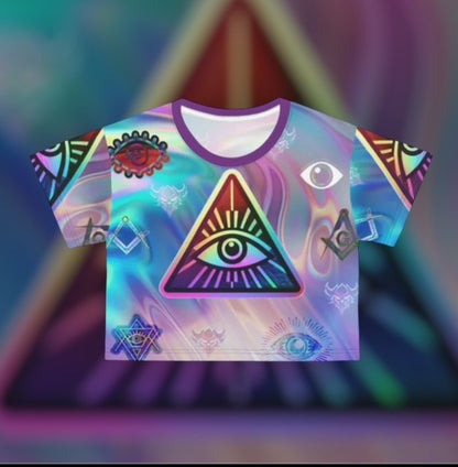 Illuminati Crop Tee — Mystical Holographic Graphic Top