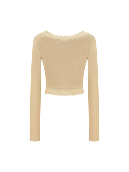 UG Brown Checkerboard Animal Women's Lace Trim Long Sleeve T-Shirt