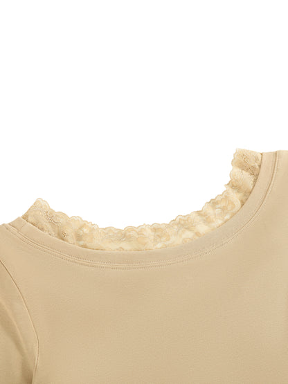UG Brown Checkerboard Animal Women's Lace Trim Long Sleeve T-Shirt