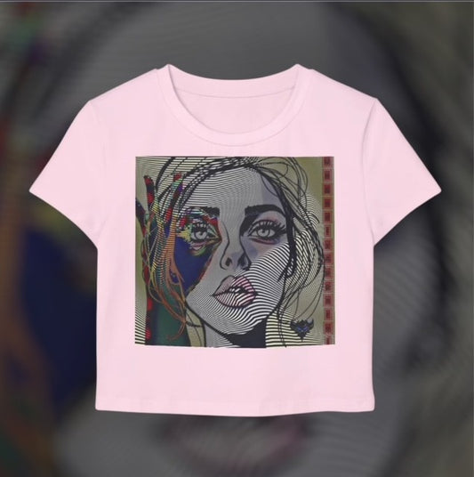 Abstract OK Symbol 666 Portrait Women's Baby Tee - Modern Line Art Face Graphic Crop Top