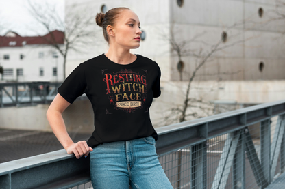"Resting Witch Face Since Birth" Women's Tee, Cute Halloween Shirt, Vintage Style T-Shirt, Perfect Gift for Witches, Spooky Apparel