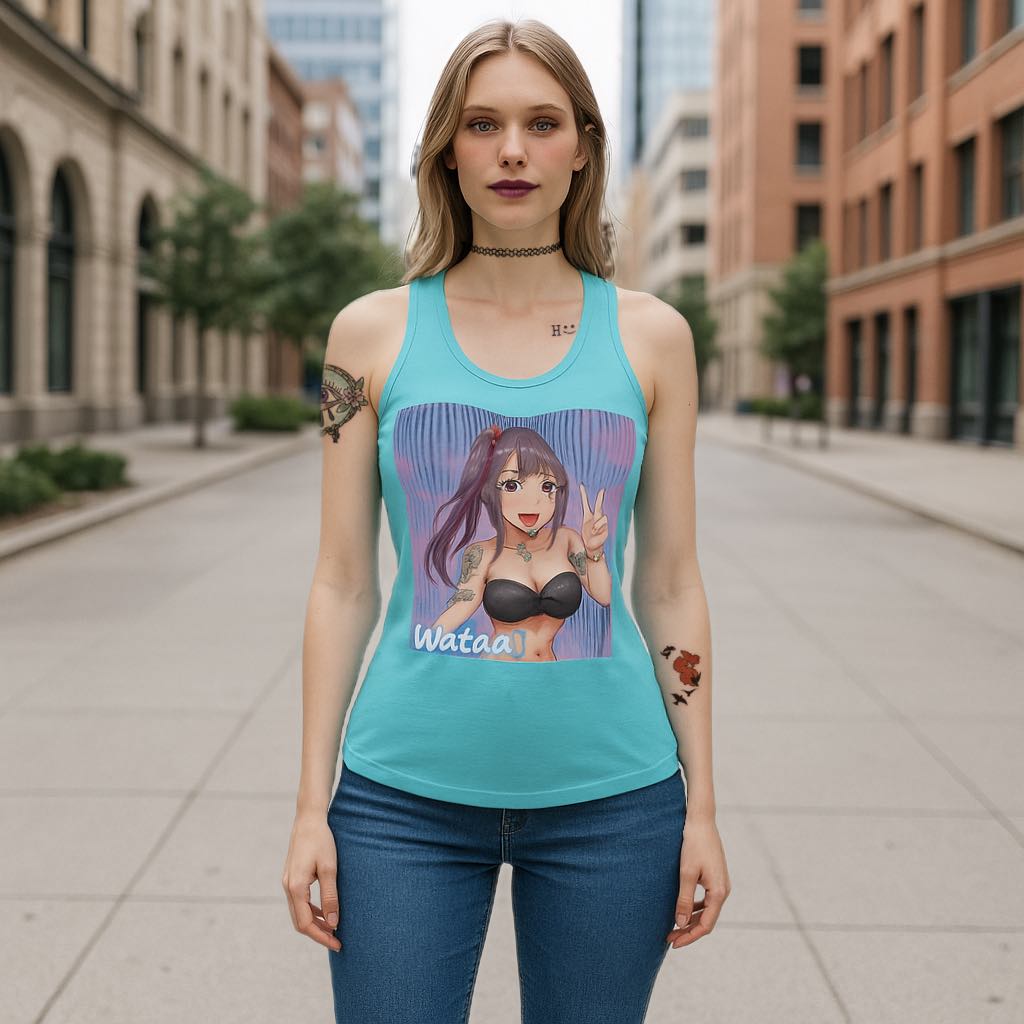 "Wataa" Anime-Inspired Women's Racerback Tank Top, Cool Summer Shirt, Gift for Her, Casual Wear, Workout Apparel, Occasion Top