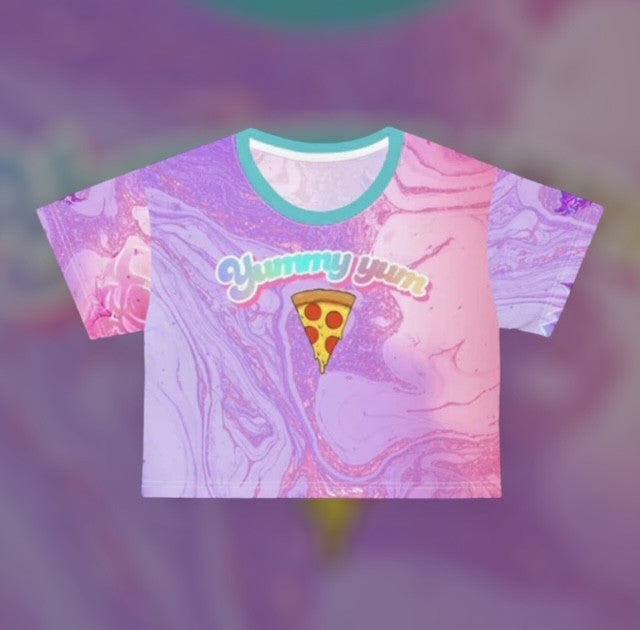 Yummy Yum Pizza Marble Crop Tee — Pastel Pink & Purple