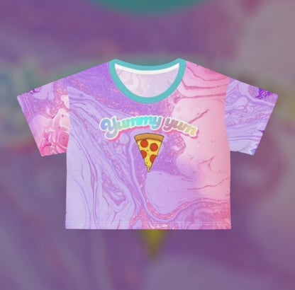 Yummy Yum Pizza Marble Crop Tee — Pastel Pink & Purple